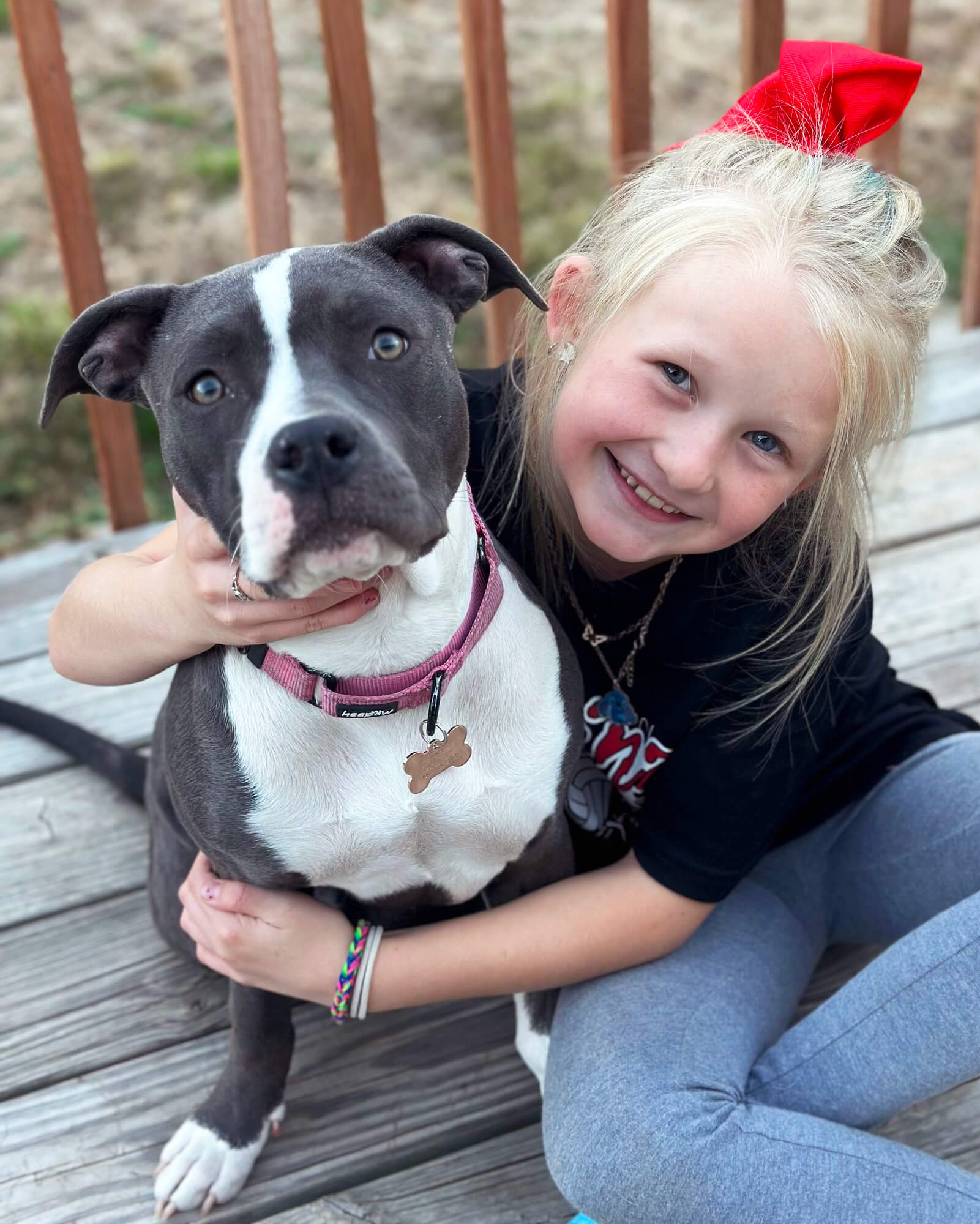 girl holding a gray and white dog
