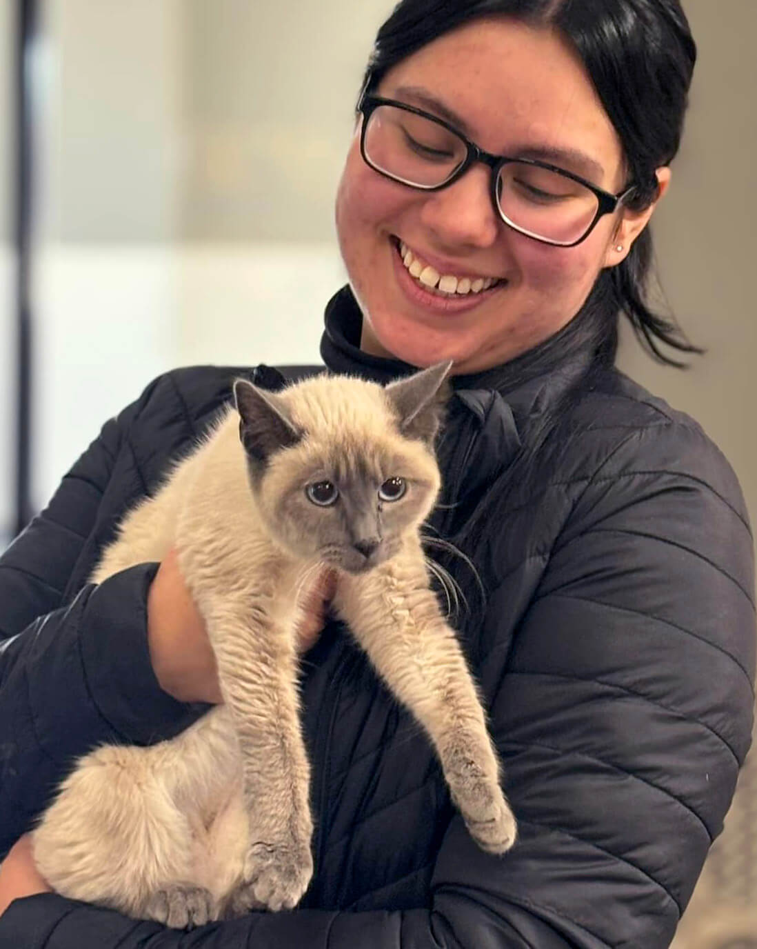 a woman adopting a white cat